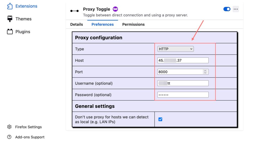 Configure Proxy toggle with firefox addon