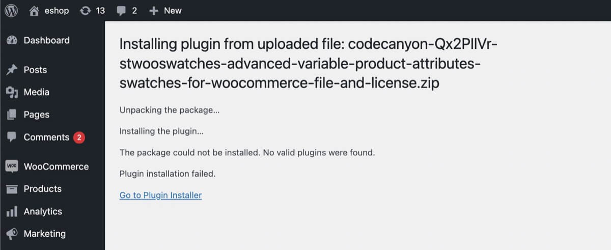 WordPress plugin package could not be installed